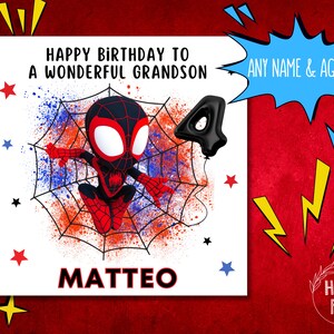 Personalised Spin Spiderman inspired Birthday Card. Kids Age Card. Son Birthday Card. Spidey & His Amazing Friends, Nephew,Grandson,Brother.