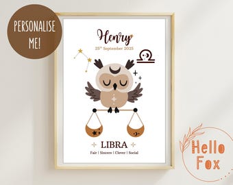 Personalised Baby Libra Zodiac Sign Print. Birthday, New Baby, Christening, Keepsake. Libra horoscope Wall Art.