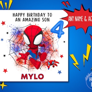 May include: A birthday card featuring a cartoon Spiderman in a red and blue suit, swinging on a web. The card has a blue number 4 balloon and the text "Happy Birthday to an Amazing Son". The name "MYLO" is printed at the bottom of the card.