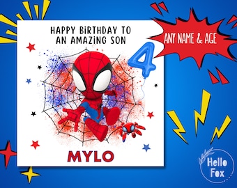 Puede incluir: Una tarjeta de cumpleaños con un dibujo animado de Spiderman con un traje rojo y azul, balanceándose en una telaraña. La tarjeta tiene un globo azul número 4 y el texto "Feliz cumpleaños a un hijo increíble". El nombre "MYLO" está impreso en la parte inferior de la tarjeta.