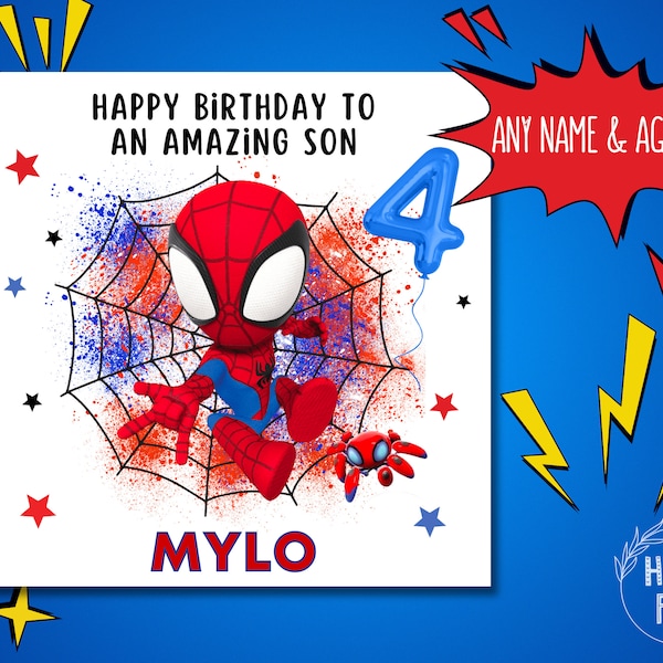 Personalised Spiderman Birthday Card. Kids Age Card. Spidey & His Amazing Friends, Spiderman, Age, Child, Birthday, Greetings, Card