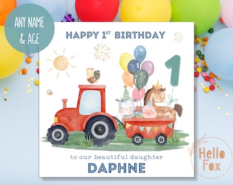 Personalised Farm Animals Birthday Card. Farmyard Birthday Card. Son Birthday Card. Grandson, Nephew, Brother. Any Age. Tractor Design.