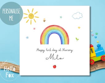 Personalised Nursery School Card: First Day at Nursery Card, Rainbow Design. First Day of Pre School Card. Any name.