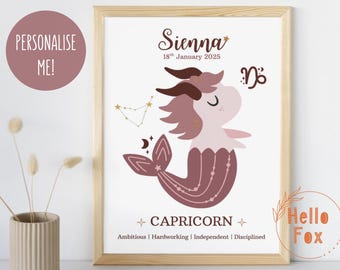 Personalised Baby Capricorn Zodiac Sign Print. Birthday, New Baby, Christening, Keepsake. Capricorn horoscope Wall Art.