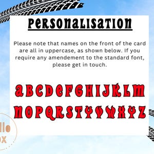 May include: A white card with black text that reads "PERSONALISATION". The text explains that names on the front of the card are in uppercase. The card also shows a red alphabet in a stylized font.