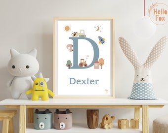 Personalised Transport Print. A4 Kids Bedroom Decor, Keepsake. Christening Gift. New Baby. Initial Letter. Alphabet Print. Vehicles.