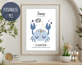 Personalised Baby Cancer Zodiac Sign Print. Birthday, New Baby, Christening, Keepsake. Cancer horoscope Wall Art.