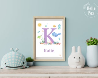 Personalised Ocean Nursery Print. Boho Kids Wall Art. Keepsake. New Baby Gift. Christening Gift. Ocean Letter Initial Print. Alphabet Print.