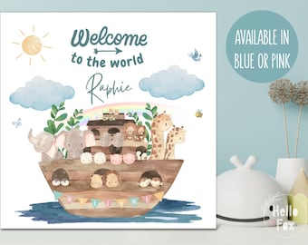 Personalised Noah's Ark New Baby Card. Welcome to the World Baby Boy Card. Welcome to the World New Baby Girl Card. Watercolor Illustration.