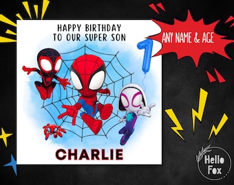 Personalised Spidey and His Amazing Friends Inspired Birthday Card. Son Birthday. Kids Age Card. Spidey, Ghost Spider, Spin, Grandson Card.
