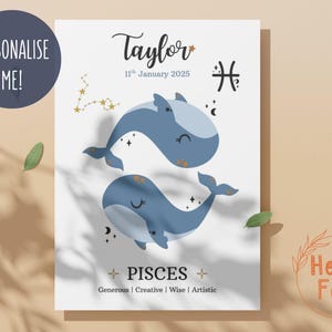 May include: A personalised Pisces zodiac art print with two blue whales. The print includes the name "Taylor" and the date "11th January 2025", the Pisces symbol, and the traits: Generous, Creative, Wise, and Artistic.