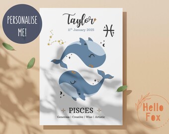 Personalised Baby Pisces Zodiac Sign Print. Birthday, New Baby, Christening, Keepsake. Pisces horoscope Wall Art.