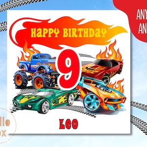 May include: A white birthday card featuring a red number 9, flames, and three cartoon race cars. The text "Happy Birthday" is at the top of the card. The name "Leo" is at the bottom of the card.
