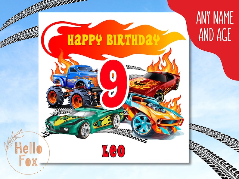 May include: A white birthday card featuring a red number 9, flames, and three cartoon race cars. The text "Happy Birthday" is at the top of the card. The name "Leo" is at the bottom of the card.