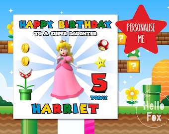 Personalised Super Mario Birthday Card. Princess Peach. Daughter Birthday Card. Granddaughter Birthday. 4th, 5th, 6th, 7th, 8th, 9th, 10th.