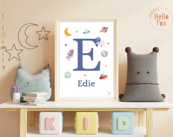 Personalised Space Print. A4 Kids Bedroom Decor, Keepsake. Christening Gift. New Baby. Initial Letter Space Print. Alphabet Print.