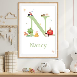 May include: A green letter N with farm animals and a red barn. The letter is surrounded by green grass and a blue sky. The name "Nancy" is written below the letter.