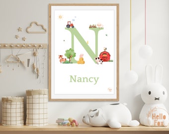 Personalised Farm Animal Print. A4 Nursery Decor. Keepsake. Christening Gift. New Baby. Initial Letter Farm Print. Alphabet Print.