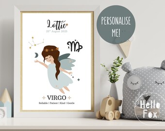 Personalised Baby Virgo Zodiac Sign Print. Birthday, New Baby, Christening, Keepsake. Virgo horoscope Wall Art.