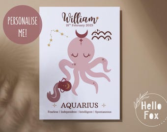 Personalised Baby Aquarius Zodiac Sign Print. Birthday, New Baby, Christening, Keepsake. Aquarius horoscope Wall Art.