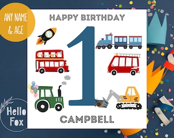 Può includere: Un biglietto di compleanno colorato con il numero uno in blu, circondato da immagini di un autobus a due piani rosso, un camion dei pompieri rosso, un escavatore giallo, un treno blu e un razzo rosso. Il biglietto dice "Buon compleanno" e "Campbell".
