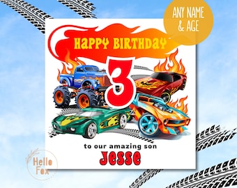 Personalised Hot Wheels Birthday Card. Boy Birthday Card.  Personalised 4th Birthday Card. Hotwheels Son Card. Grandson Card.