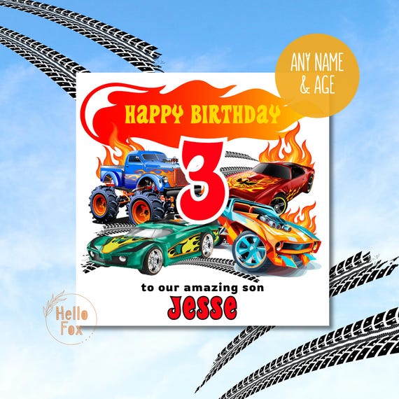 Personalised Hot Wheels Birthday Card. Boy Birthday Card.  Personalised 4th Birthday Card. Hotwheels Son Card. Grandson Card.
