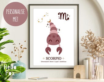 Personalised Baby Scorpio Zodiac Sign Print. Birthday, New Baby, Christening, Keepsake. Scorpio horoscope Wall Art.