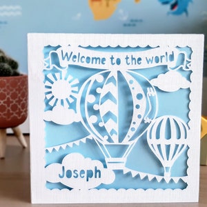 Personalised Hot Air Balloon New Baby Card. Welcome to the world baby. Any name.