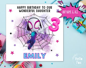 Personalised Ghost Spider inspired Birthday Card. Kids Age Card. Daughter Birthday Card. Girls. Spidey & His Amazing Friends, Granddaughter.