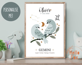 Personalized Gemini Zodiac Print, New Baby Keepsake