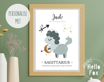 Personalised Baby Sagittarius Zodiac Sign Print. Birthday, New Baby, Christening, Keepsake. Sagittarius horoscope Wall Art.