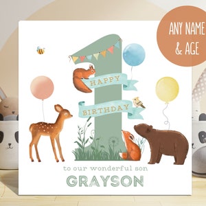 Personalised Kids Woodland Animals Birthday Card. Any Name, Age and Wording. Children's Ages.