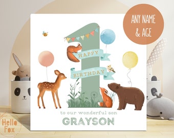Personalised Kids Woodland Animals Birthday Card. Any Name, Age and Wording. Children's Ages.