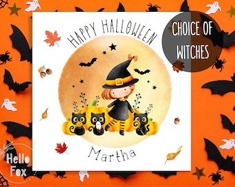 Personalised Kids' Halloween Card with a choice of cute Halloween Witches. Kids Halloween Card. Halloween Witch. Personalise with ANY NAME.