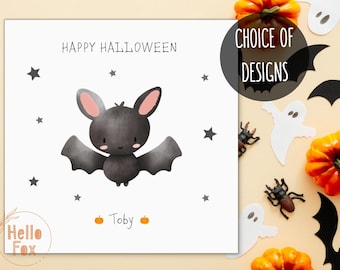 Personalised Kids' Halloween Card with a choice of cute Halloween Characters. Personalise with ANY NAME. Bat ~ Cat ~ Spider ~ Ghost.