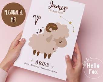 Personalised Baby Aries Zodiac Sign Print. Birthday, New Baby, Christening, Keepsake. Aries horoscope Wall Art.