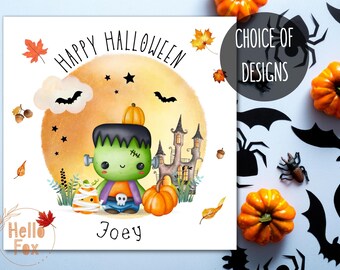 Personalised Kids' Halloween Card with a choice of cute Halloween Characters. Kids Halloween Card. Personalise with ANY NAME.