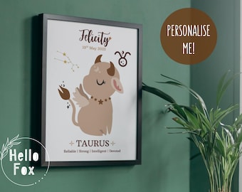 Personalised Baby Taurus Zodiac Sign Print. Birthday, New Baby, Christening, Keepsake. Taurus horoscope Wall Art.