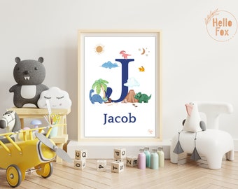 Personalised Dinosaur Name Print. Boho Nursery Decor. New Baby Gift. Christening. Keepsake. Dinosaur Initial Letter Print.