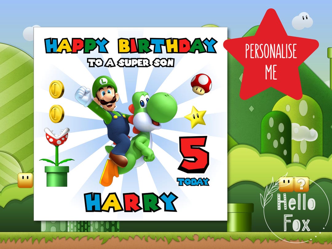 Personalised Super Mario Birthday Card. Luigi & Yoshi. Son