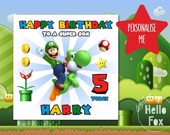 Personalised Super Mario Birthday Card. Luigi & Yoshi. Son Birthday Card. Grandson Birthday. Nephew. 4th, 5th, 6th, 7th, 8th, 9th, 10th.