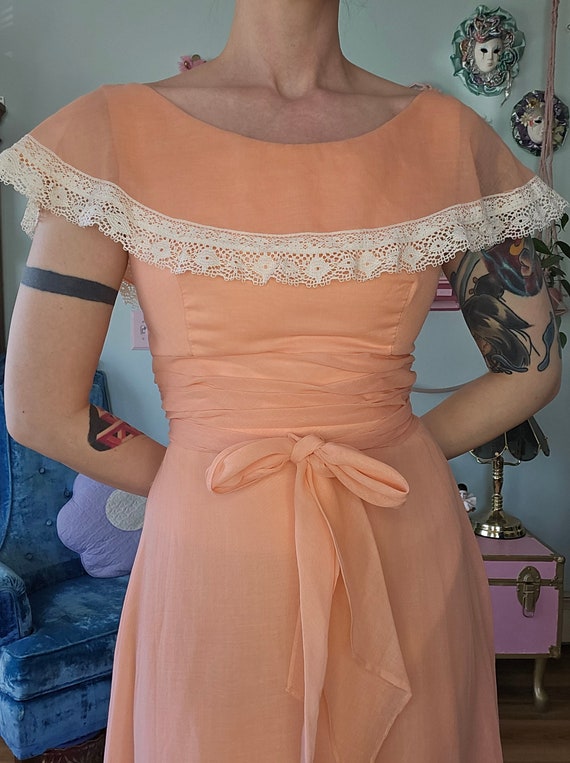 Sylvia Ann 1960s Peach Lace Trim Gown