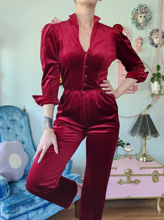 TJuniors 1970s Red Velvet Jumpsuit