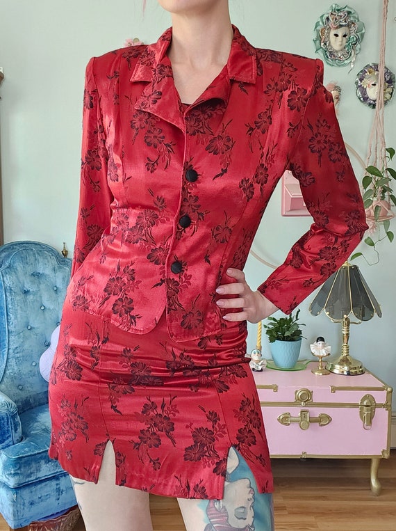 Dawn Joy 1990s Floral Satin Dress Suit