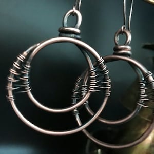 Copper Wire Wrapped Hoop Earrings, Rose Gold Filled Earwires, Handmade, Unique