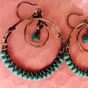 Turquoise Wire Wrapped, Beaded Copper Hoop Earrings, Rose Gold Filled Ear Wires, Handmade