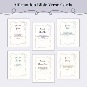 Puede incluir: Conjunto de seis tarjetas de versículos bíblicos de afirmación. Cada tarjeta presenta un mensaje diferente, como "Eres amado", "Eres hermoso" y "Eres sostenido". Las tarjetas tienen bordes decorativos y texto.