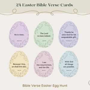 May include: A set of 22 Easter Bible Verse Cards. Each egg-shaped card features a different Bible verse and is decorated with a floral design. The cards are in pastel colors, including lavender, green, and yellow. The text "Bible Verse Easter Egg Hunt" is at the bottom.