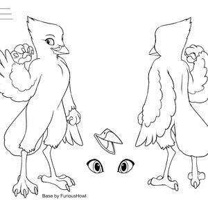 May include: A black and white line drawing of a bird character with a large wingspan. The bird is standing on two legs and has a large head with a beak. The bird is looking to the right. The drawing is on a white background.